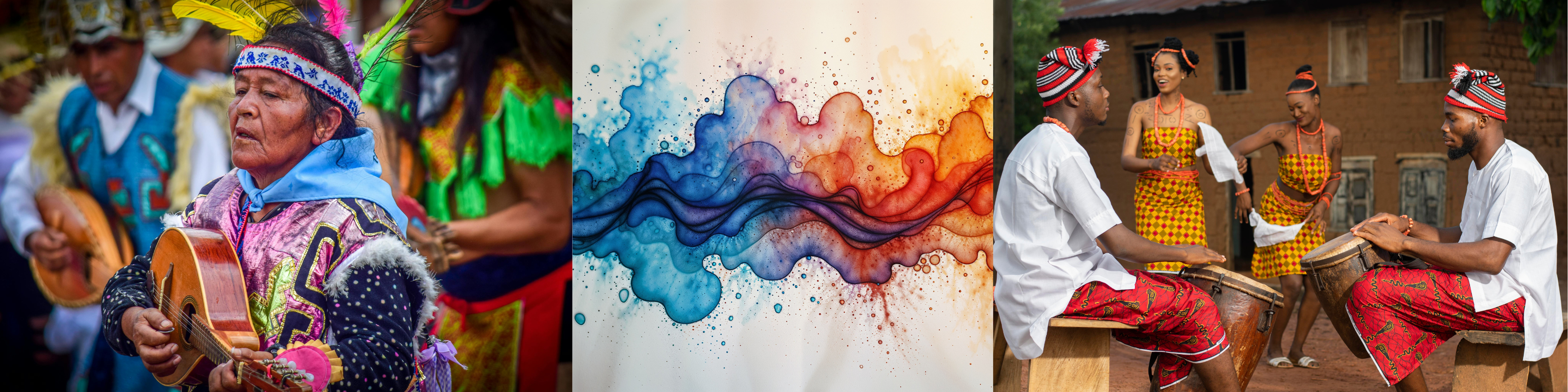 Tanzende Menschen, Indigene Trommle, Aquarellkunst, Farbenfrohe Tanzszene