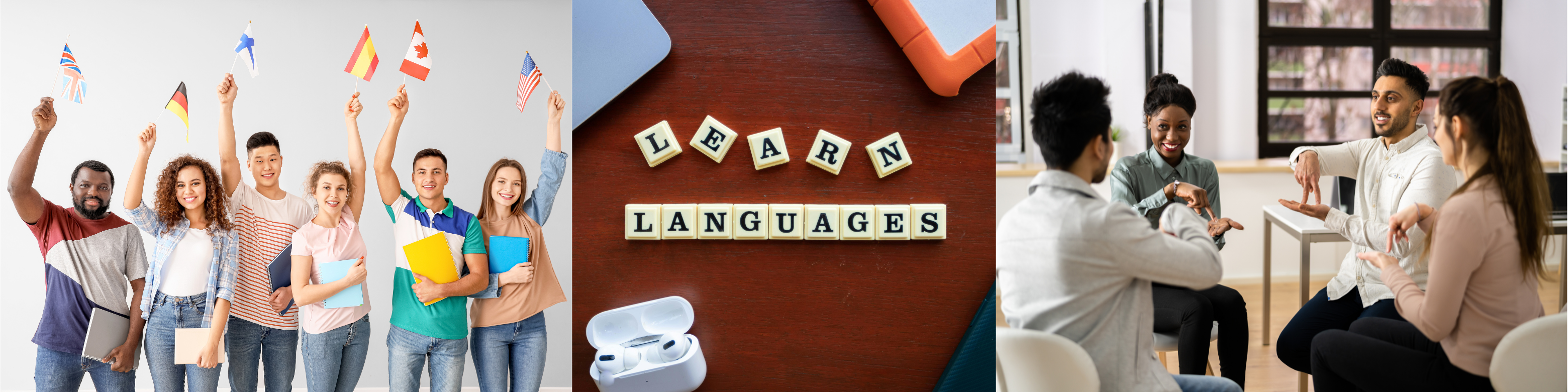 Menschen mit internationalen Flaggen Menschen kommunizieren in Gebärdensprache Scrabble-Buchstaben mit dem Schriftzug „Learn Languages“
