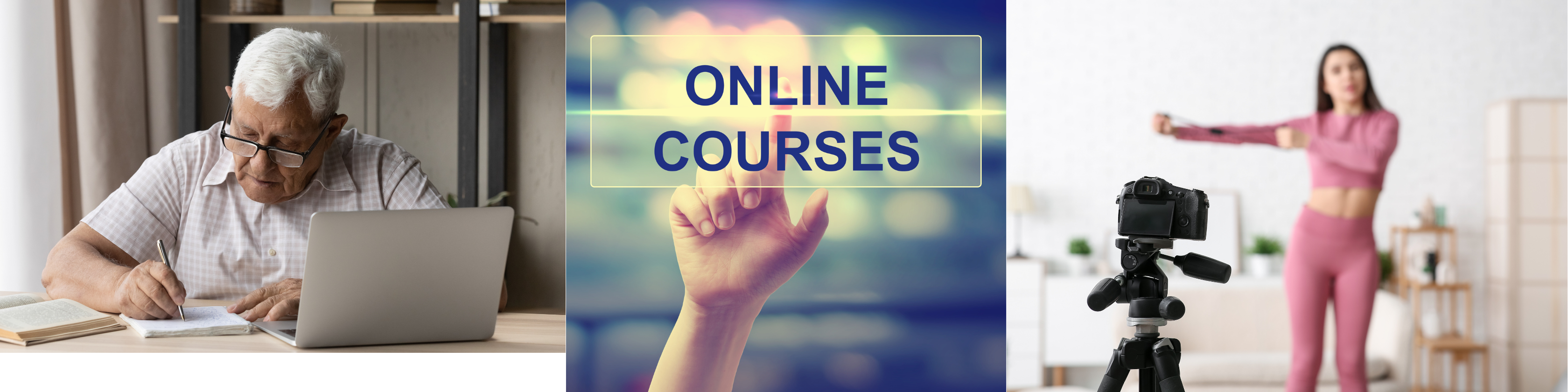 alter mann mit geöffnetem Lapptop, online courses als Oberfläche die angeklickt wird, Streamingsetup Dozentin beim Sport